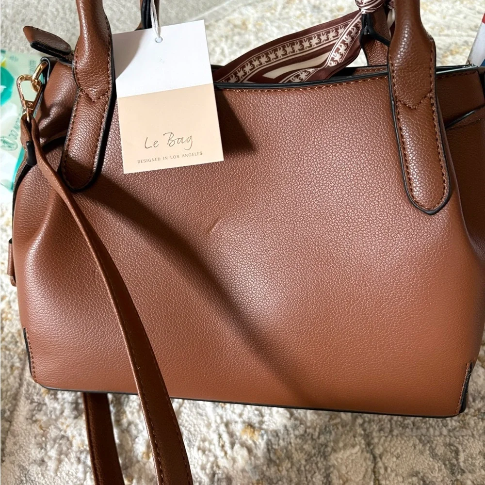 Classic Brown Pebbled Satchel with Scarf Accent